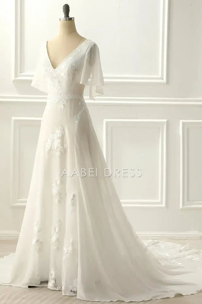AABEI DRESS Formal Wear Dresses A-Line V Neck flowing Sleeves Lace Appliques Sweep Train  Elegant Wedding Dress