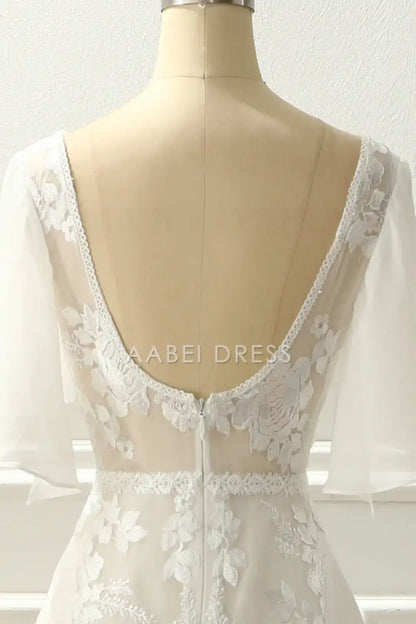 AABEI DRESS Formal Wear Dresses A-Line V Neck flowing Sleeves Lace Appliques Sweep Train  Elegant Wedding Dress