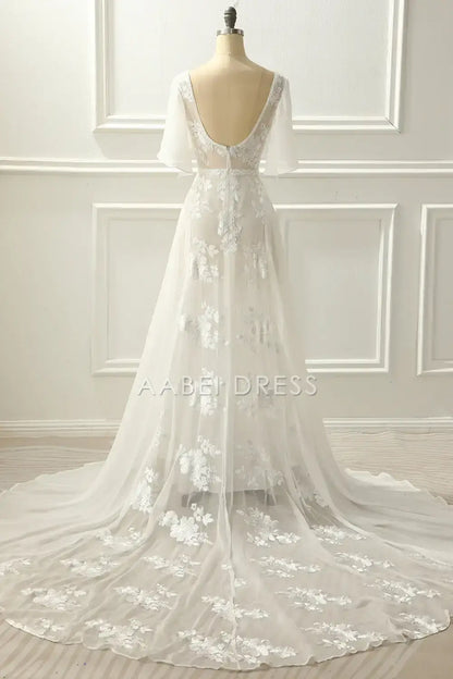 AABEI DRESS Formal Wear Dresses A-Line V Neck flowing Sleeves Lace Appliques Sweep Train  Elegant Wedding Dress