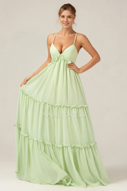 AABEI DRESS Formal Wear Dresses A Line Deep V Neck Layered Ruffles Backless With Lace-Up Fashion Long Maternity Hot Sale Prom Dress