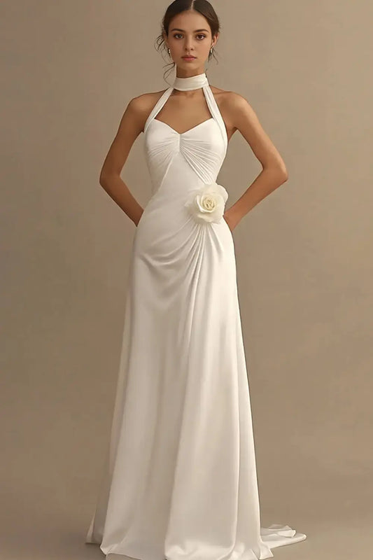 AABEI DRESS Formal Wear Dresses A Line Halter Pleated Dinner Dress With 3D Flower Fashion Long Wedding Dress