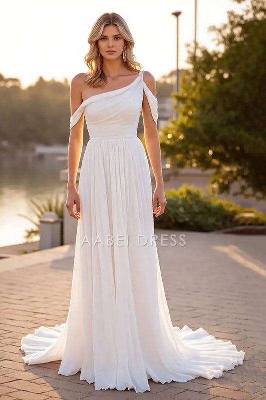 AABEI DRESS Formal Wear Dresses A Line One Shoulder Backless Pleated Boho Sweep Train Elegant Wedding Dress
