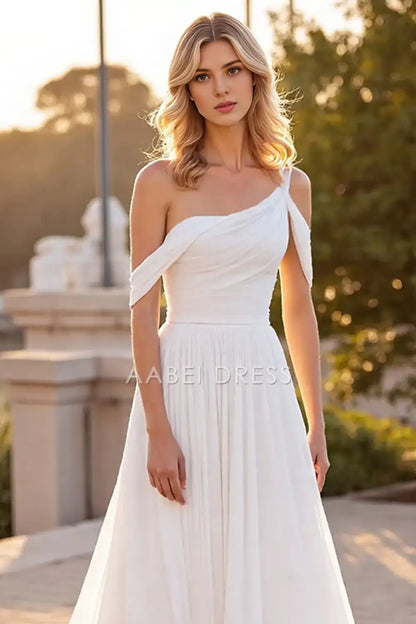 AABEI DRESS Formal Wear Dresses A Line One Shoulder Backless Pleated Boho Sweep Train Elegant Wedding Dress