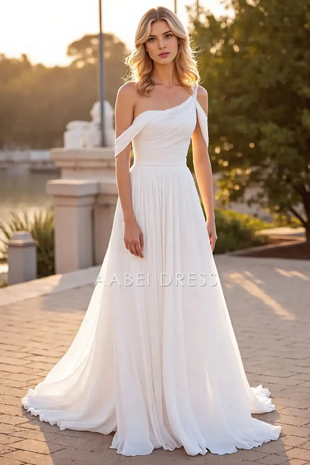 AABEI DRESS Formal Wear Dresses A Line One Shoulder Backless Pleated Boho Sweep Train Elegant Wedding Dress
