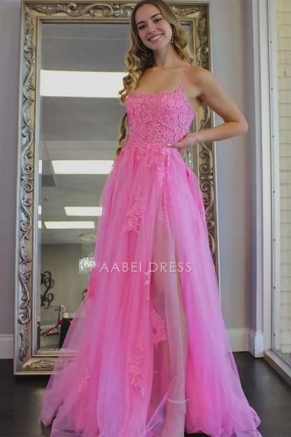 AABEI DRESS Formal Wear Dresses A Line Spaghetti Strap Backless Lace Appliqued Slit Exquisite Hot Sale Prom Dress