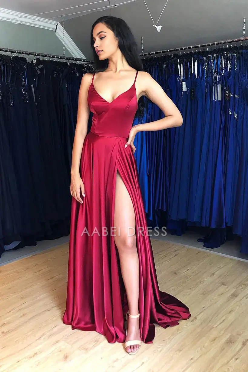 AABEI DRESS Formal Wear Dresses A Line Spaghetti Straps Criss Cross Backless with Slit Ruched Elegant Long Hot Sale Prom Dress