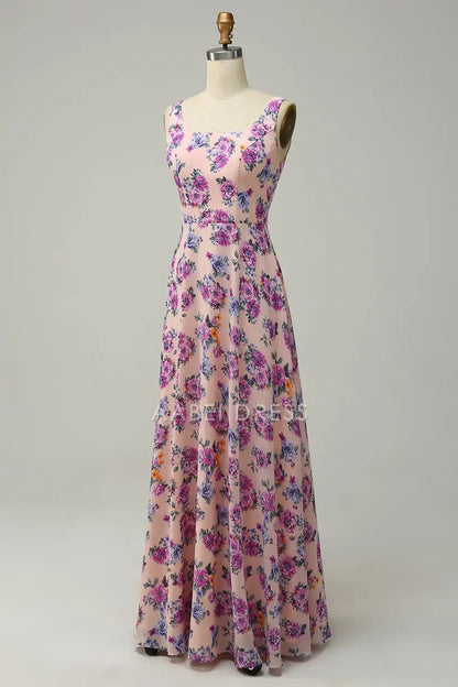 AABEI DRESS Formal Wear Dresses A Line Square Neck Sleeveless Retro Floral Printing With Open Back Long Dress Hot Sale Prom Dress