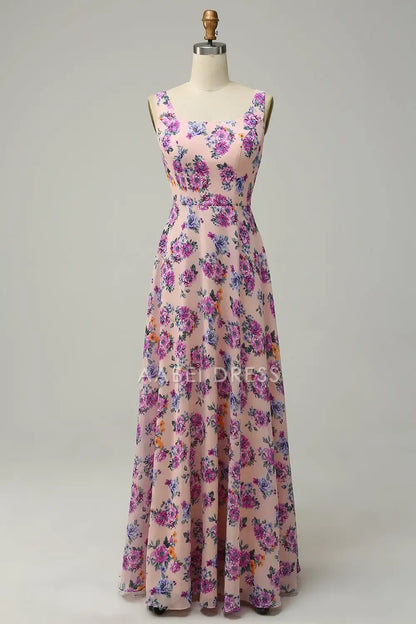 AABEI DRESS Formal Wear Dresses A Line Square Neck Sleeveless Retro Floral Printing With Open Back Long Dress Hot Sale Prom Dress