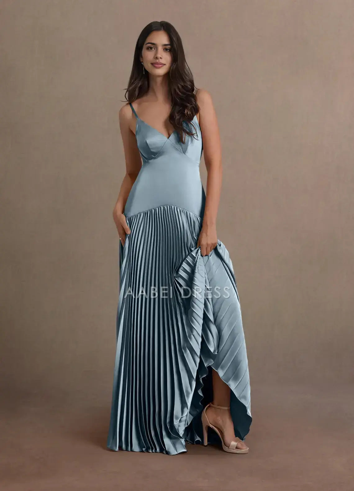 AABEI DRESS Formal Wear Dresses A Line V Neck Spaghetti Strap Dropped Waist Pleated  Dress Backless Fashion Party Dress Hot Sale Prom Dress