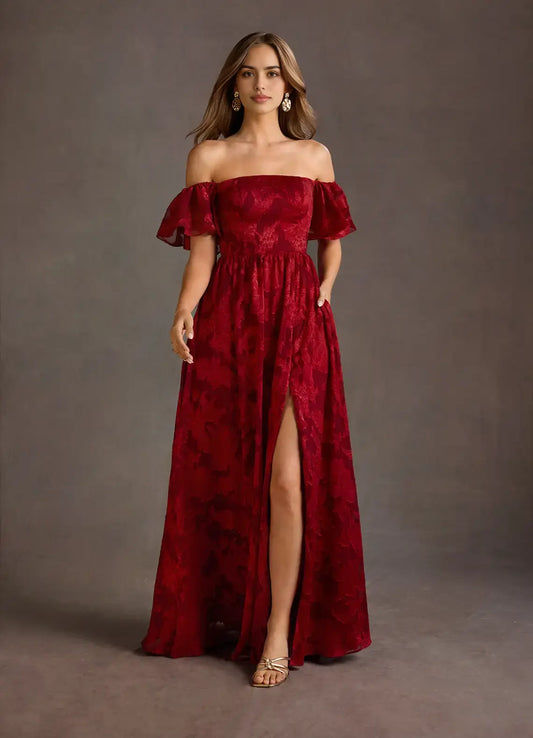 AABEI DRESS Formal Wear Dresses Beautiful Jacquard A Line Off Shoulder Puff Sleeves Side Fork Exquisite Party Dress Hot Sale Prom Dress