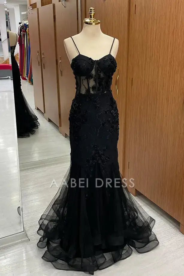 AABEI DRESS Formal Wear Dresses Black Mermaid Spaghetti Strap Sweetheart 3D Flower Appliques Exquisite Long Hot Sale Prom Dress