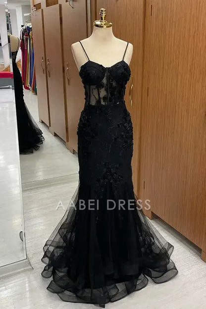 AABEI DRESS Formal Wear Dresses Black Mermaid Spaghetti Strap Sweetheart 3D Flower Appliques Exquisite Long Hot Sale Prom Dress