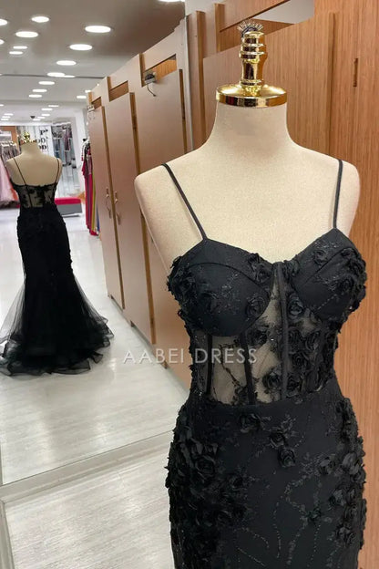 AABEI DRESS Formal Wear Dresses Black Mermaid Spaghetti Strap Sweetheart 3D Flower Appliques Exquisite Long Hot Sale Prom Dress