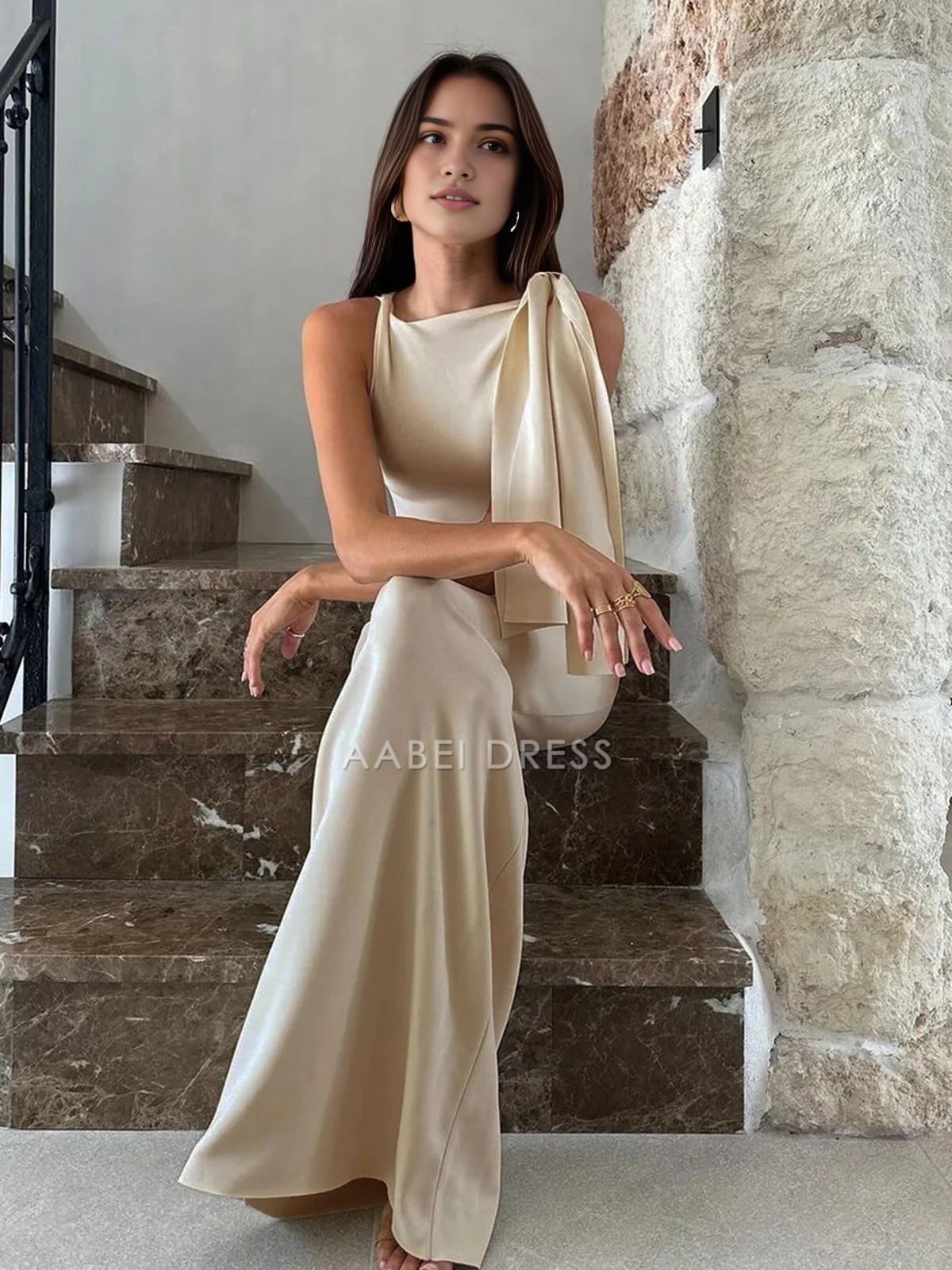 AABEI DRESS Formal Wear Dresses Charming Mermaid Crew Neck Strap Knotted Sleeveless Elegant Long Dress Hot Sale Prom Dress