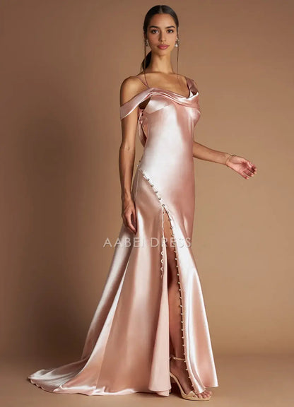 AABEI DRESS Formal Wear Dresses Charming Mermaid Pleated Neckline Off Shoulder Backless Leg Slit With Crystal Buttons Embellished Unique Fashion Party Dress Hot Sale Prom Dress