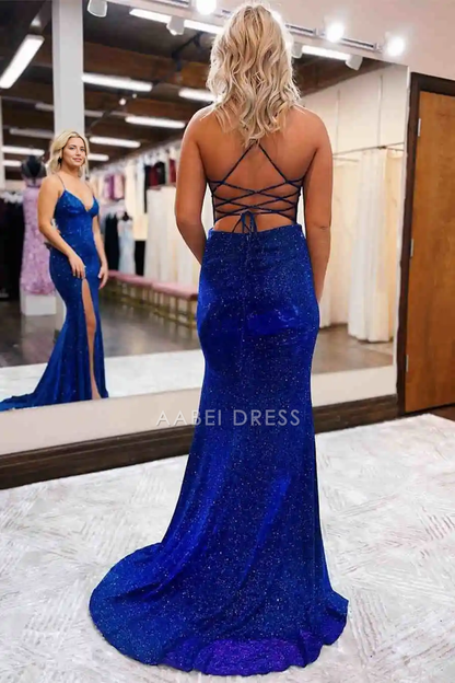 AABEI DRESS Formal Wear Dresses Elegant Sequin Mermaid Spaghetti Strap V Neck Lace up Backless Party Dress Sparkle Long Hot Sale Prom Dress