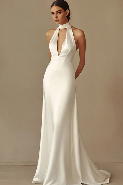 AABEI DRESS Formal Wear Dresses Elegant Sheath Halter Deep V Neck Backless Dinner Dress Charming Long Wedding Dress
