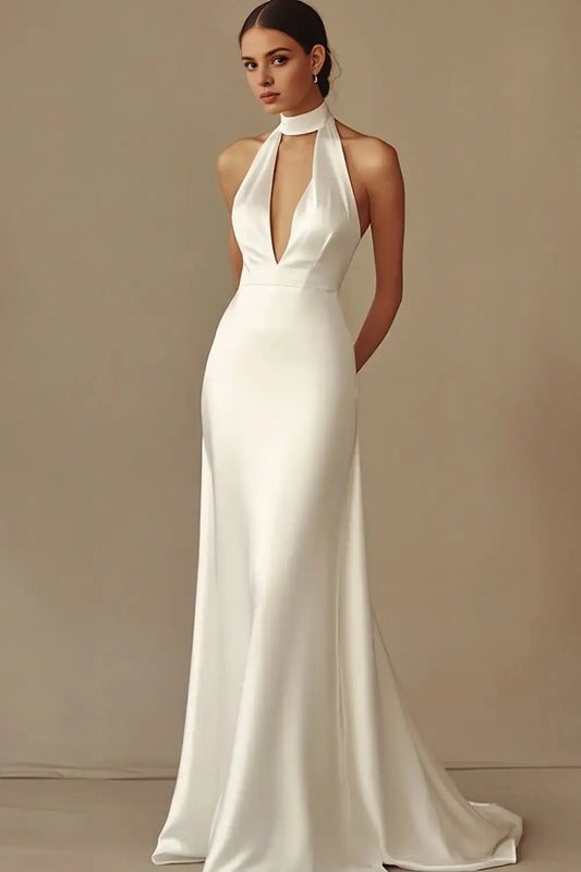 AABEI DRESS Formal Wear Dresses Elegant Sheath Halter Deep V Neck Backless Dinner Dress Charming Long Wedding Dress