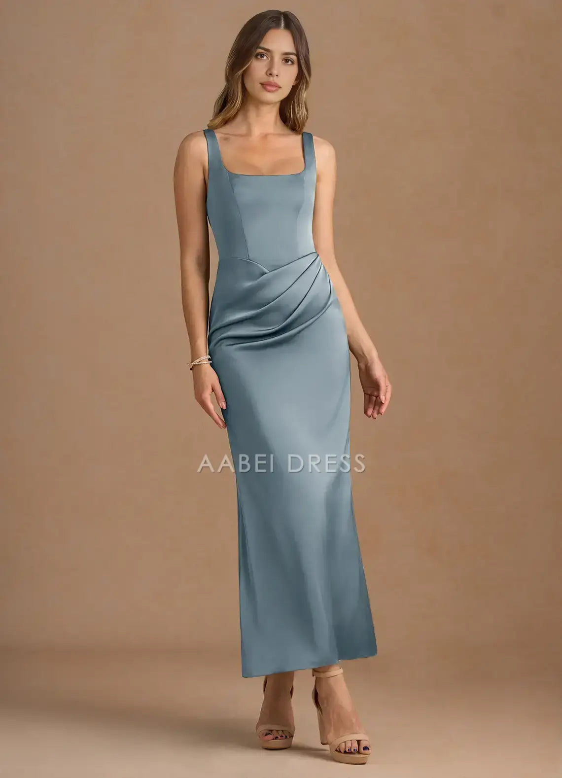 AABEI DRESS Formal Wear Dresses Elegant Sheath Square Neck Wide Shoulder Straps Sleeveless Pleated Keyhole Back Temperament Party Dress Hot Sale Prom Dress