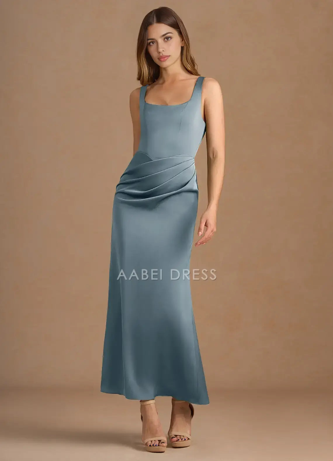 AABEI DRESS Formal Wear Dresses Elegant Sheath Square Neck Wide Shoulder Straps Sleeveless Pleated Keyhole Back Temperament Party Dress Hot Sale Prom Dress