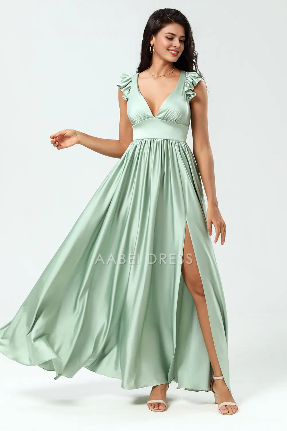 AABEI DRESS Formal Wear Dresses Exquisite A Line Deep V Neck Flounce Shoulder Strap Pleated Backless Cute Hot Sale Prom Dress
