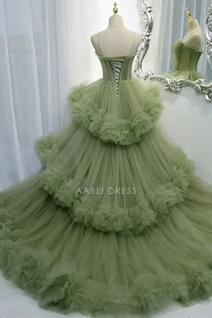 AABEI DRESS Formal Wear Dresses Exquisite A Line Spaghetti Strap Ruched Tiered Tulle Gorgeous Long Hot Sale Prom Dress
