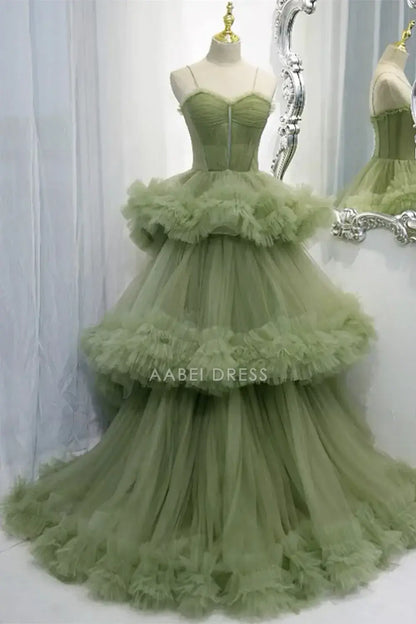 AABEI DRESS Formal Wear Dresses Exquisite A Line Spaghetti Strap Ruched Tiered Tulle Gorgeous Long Hot Sale Prom Dress
