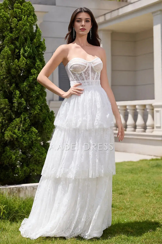 AABEI DRESS Formal Wear Dresses Exquisite A Line Strapless Sweetheart Corset Tiered Lace Long Wedding Dress