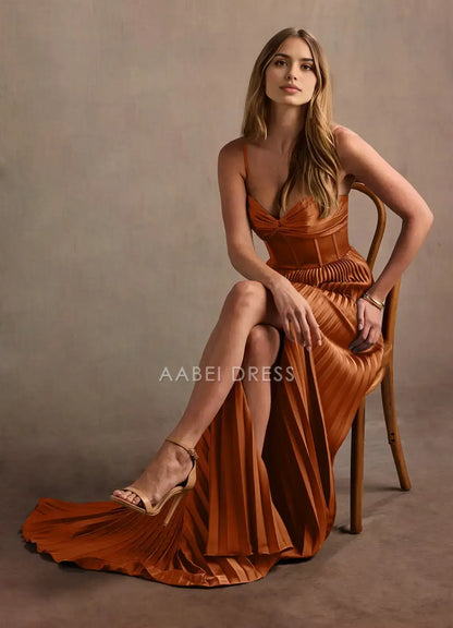 AABEI DRESS Formal Wear Dresses Fashion A Line Low-Cut Pleated Sweetheart Neckline Spaghetti Strap Pleated Dress Side Fork Exquisite Party Dress Hot Sale Prom Dress