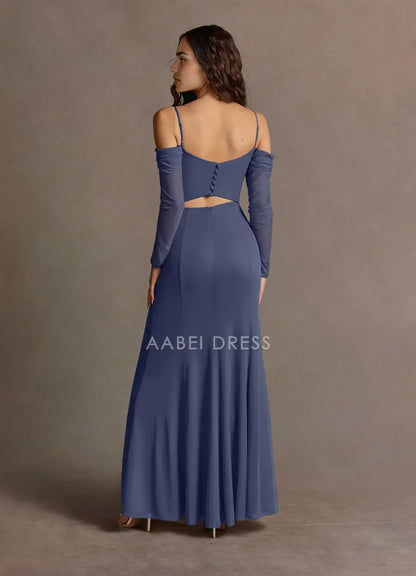 AABEI DRESS Formal Wear Dresses Fashion Sheath Spaghetti Strap 3D Rosettes Off Shoulder Long Sleeves Pleated Waist Leg Slit Exquisite Party Dress Hot Sale Prom Dress