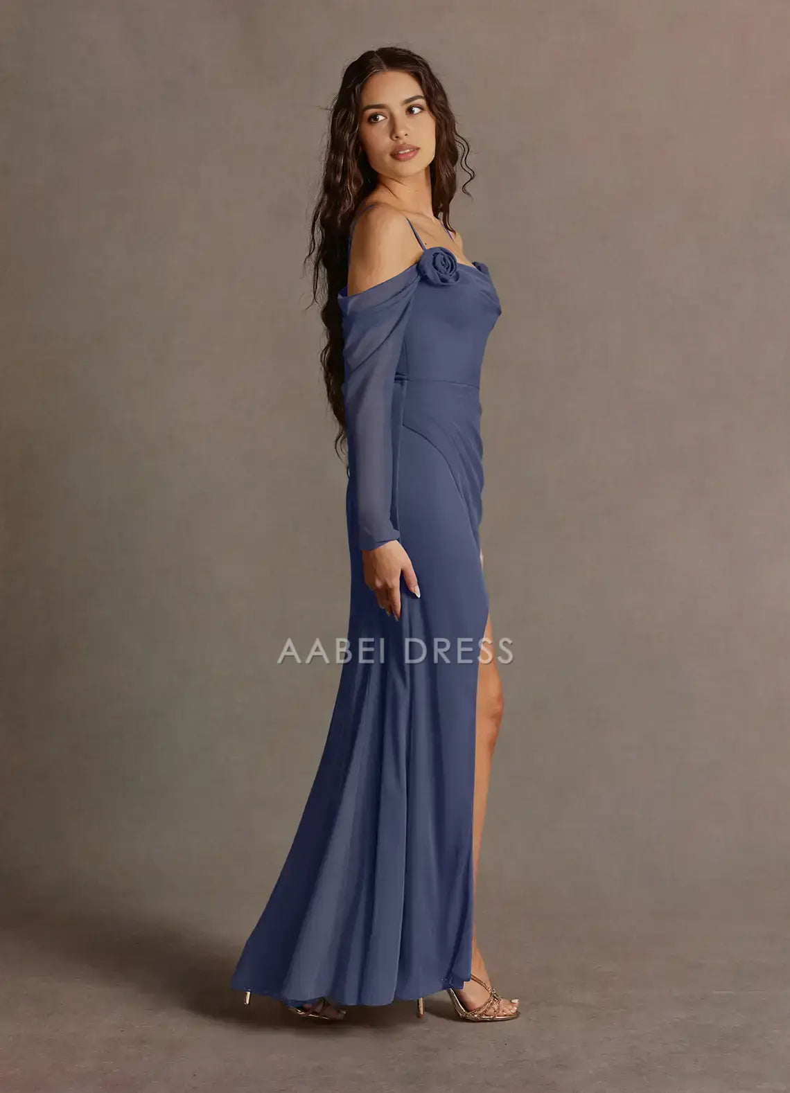 AABEI DRESS Formal Wear Dresses Fashion Sheath Spaghetti Strap 3D Rosettes Off Shoulder Long Sleeves Pleated Waist Leg Slit Exquisite Party Dress Hot Sale Prom Dress