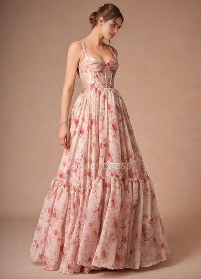 AABEI DRESS Formal Wear Dresses Floral Print A Line Sweetheart Neckline Wide Shoulder Straps Pleated Bodice Romantic Charming Party Dress Hot Sale Prom Dress