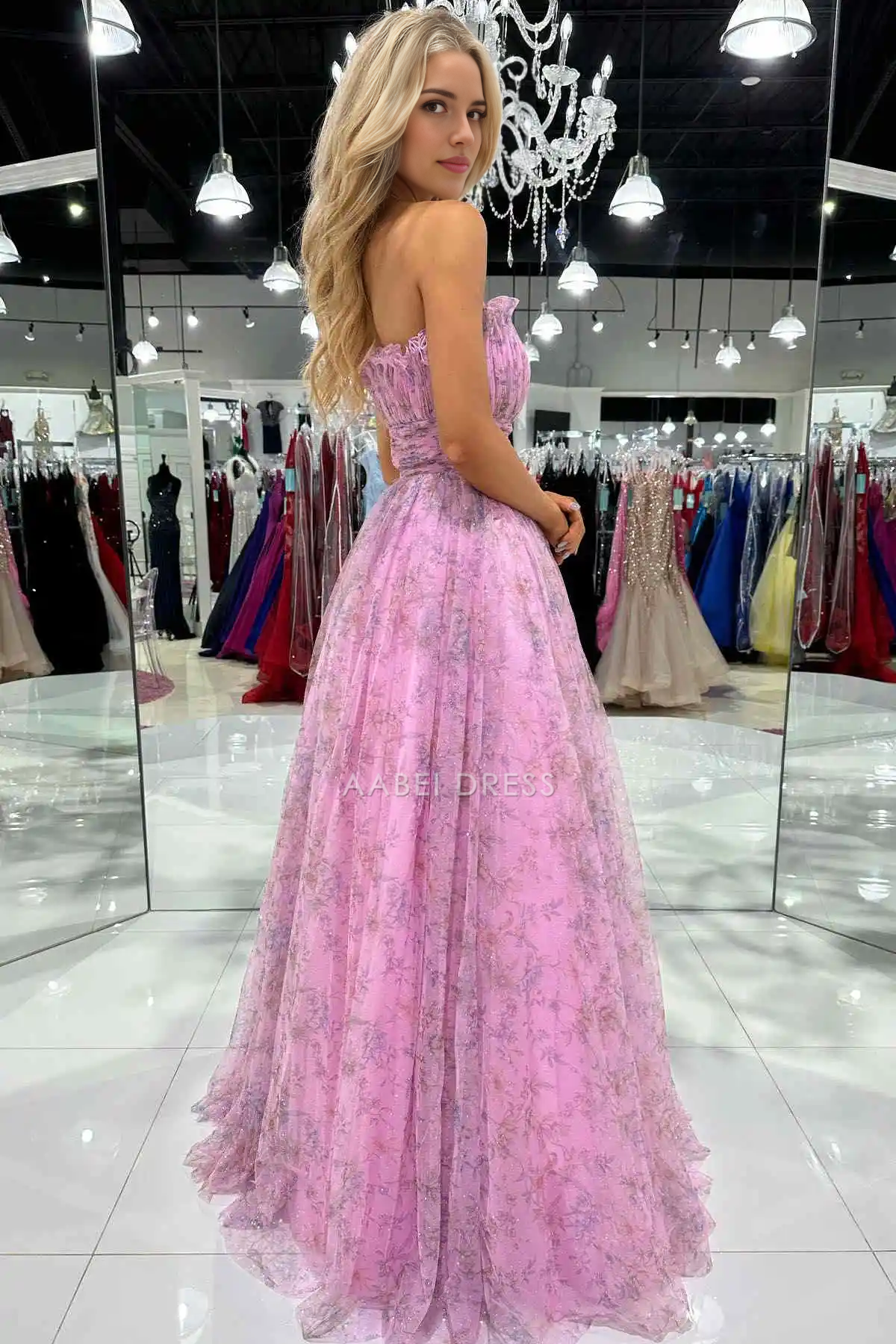 AABEI DRESS Formal Wear Dresses Gorgeous A-Line Strapless Floral Print Ruched Elegant Long Hot Sale Prom Dress