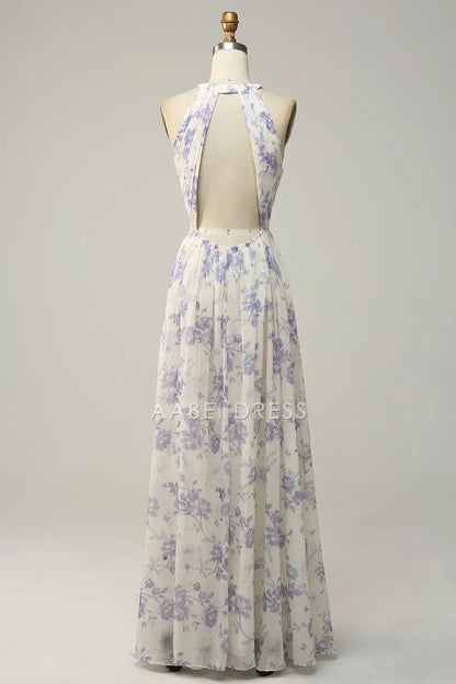 AABEI DRESS Formal Wear Dresses Gorgeous A Line Halter Sleeveless Pleated Backless Retro Floral Printing Hot Sale Prom Dress