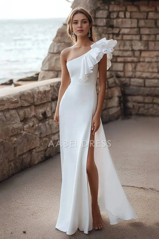 AABEI DRESS Formal Wear Dresses Mermaid Ruffled One Shoulder Side Fork Dinner Dress Fashion Wedding Dress