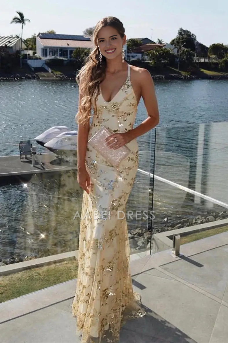 AABEI DRESS Formal Wear Dresses Mermaid Spaghetti Strap Backless Lace-Up with Sequins Charming Long Hot Sale Prom Dress