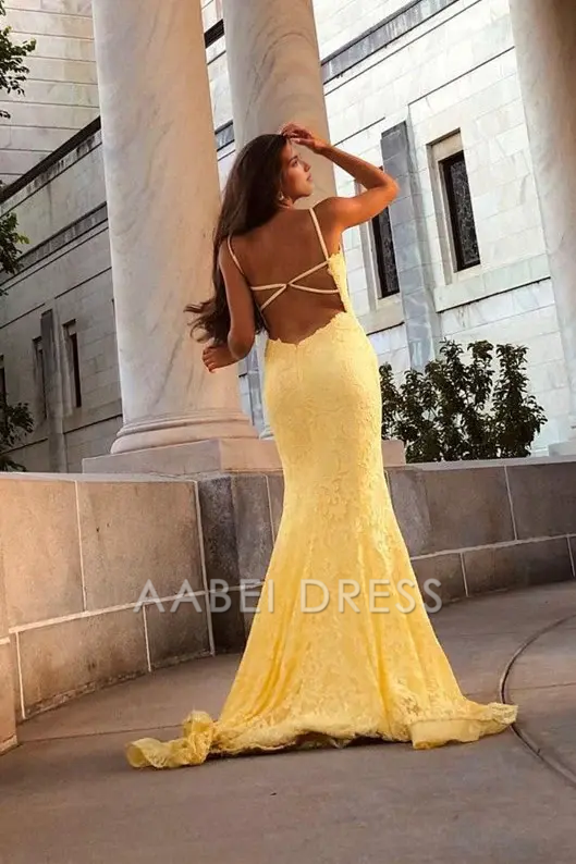 AABEI DRESS Formal Wear Dresses Mermaid Spaghetti Strap Plunging Neck Backless Lace with Slit Charming Hot Sale Prom Dress