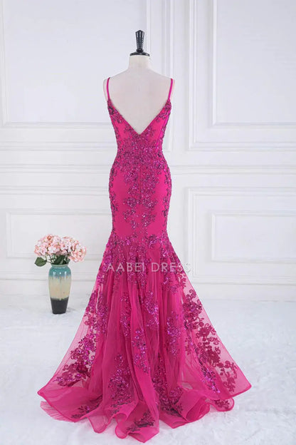 AABEI DRESS Formal Wear Dresses Mermaid V-Neck Spaghetti Strap V Back Sequin Appliques Exquisite Hot Sale Prom Dress