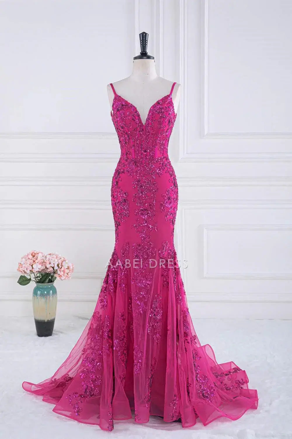 AABEI DRESS Formal Wear Dresses Mermaid V-Neck Spaghetti Strap V Back Sequin Appliques Exquisite Hot Sale Prom Dress