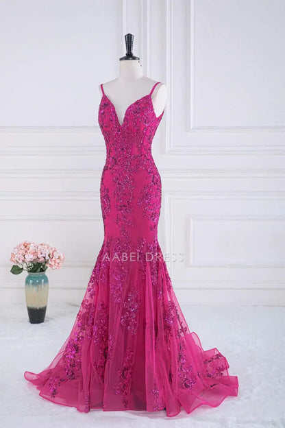 AABEI DRESS Formal Wear Dresses Mermaid V-Neck Spaghetti Strap V Back Sequin Appliques Exquisite Hot Sale Prom Dress