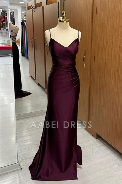 AABEI DRESS Formal Wear Dresses Mermaid V Neck Spaghetti Strap Backless Lace-Up Back Pleated with Silt Elegant Long Hot Sale Prom Dress