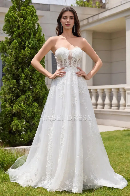 AABEI DRESS Formal Wear Dresses Princess A-Line Corset Strapless Backless Lace Up Tulle Lace Appliques Exquisite Wedding Dress