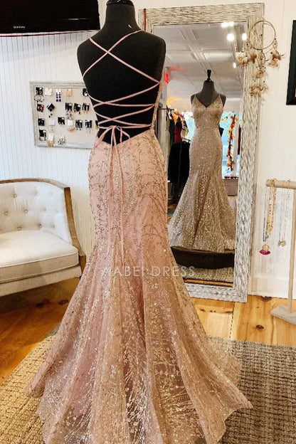 AABEI DRESS Formal Wear Dresses Sequin Mermaid Spaghetti Strap V-Neck Backless Criss Cross Back Sparkle Hot Sale Prom Dress