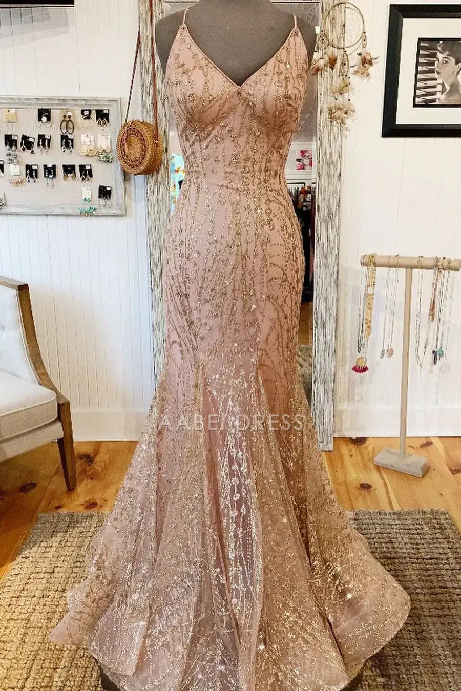 AABEI DRESS Formal Wear Dresses Sequin Mermaid Spaghetti Strap V-Neck Backless Criss Cross Back Sparkle Hot Sale Prom Dress
