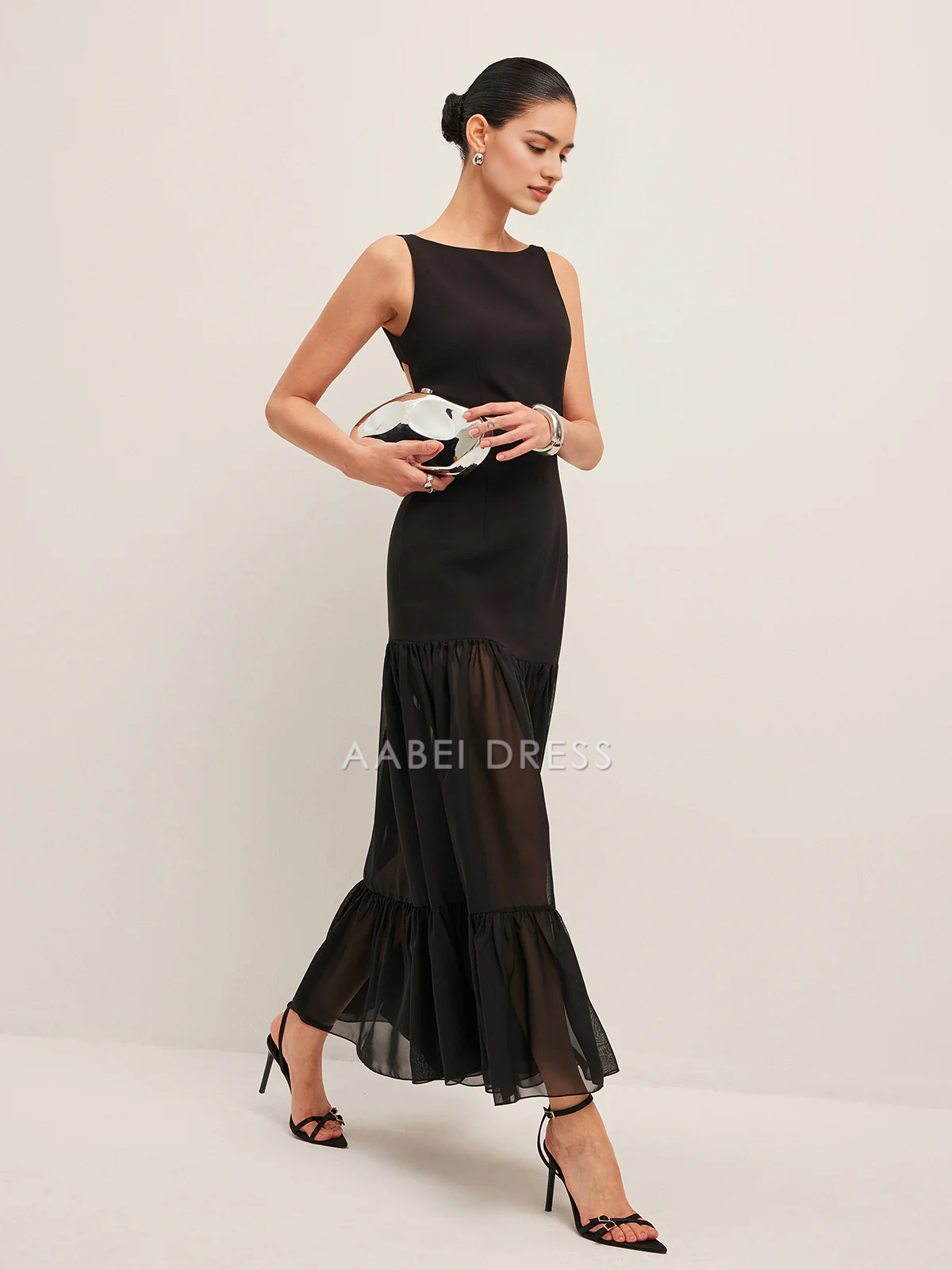 AABEI DRESS Formal Wear Dresses Sheath Boat Neck Sleeveless Sheer Panel Back-Tie Backless Ruffled Hem Fashion Dress Hot Sale Prom Dress