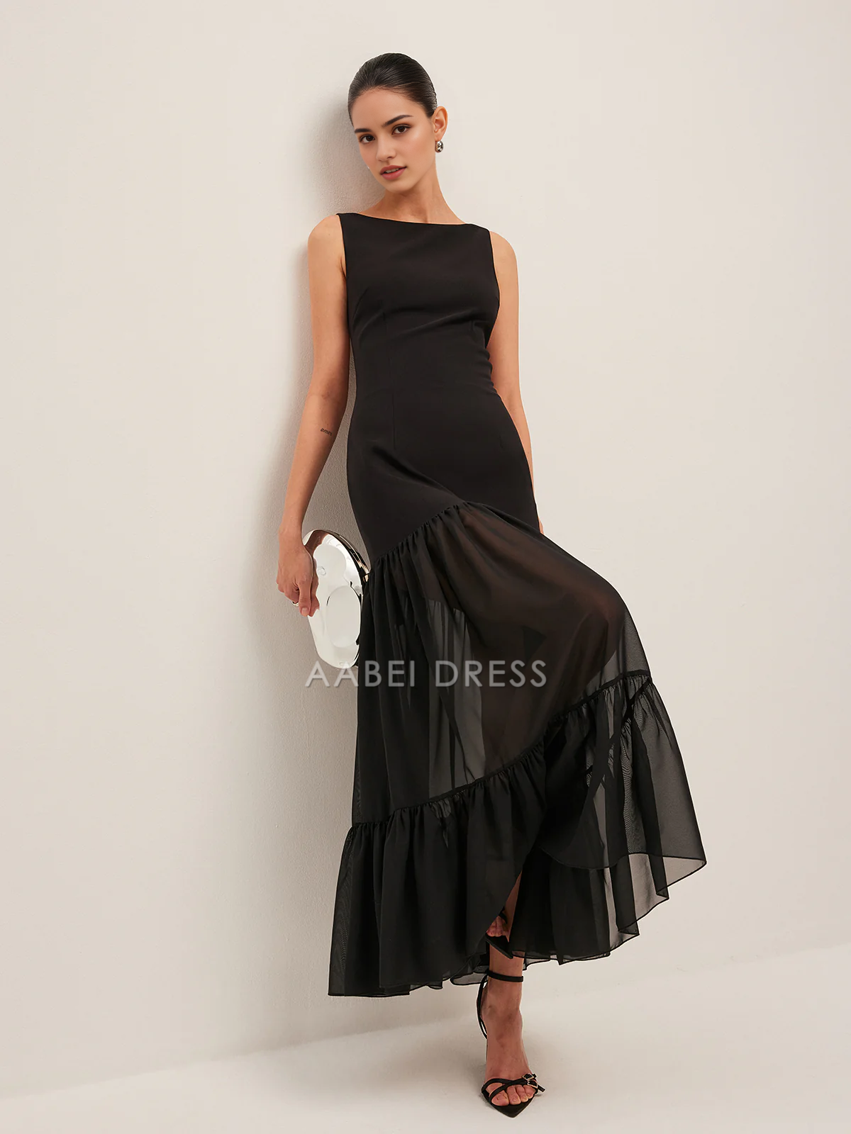 AABEI DRESS Formal Wear Dresses Sheath Boat Neck Sleeveless Sheer Panel Back-Tie Backless Ruffled Hem Fashion Dress Hot Sale Prom Dress