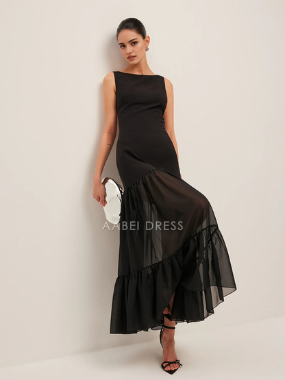 AABEI DRESS Formal Wear Dresses Sheath Boat Neck Sleeveless Sheer Panel Back-Tie Backless Ruffled Hem Fashion Dress Hot Sale Prom Dress