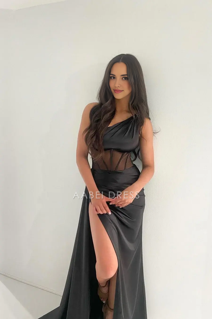 AABEI DRESS Formal Wear Dresses Sheath/Column One Shoulder Boning Pleated Side Fork Elegant Long Hot Sale Prom Dress