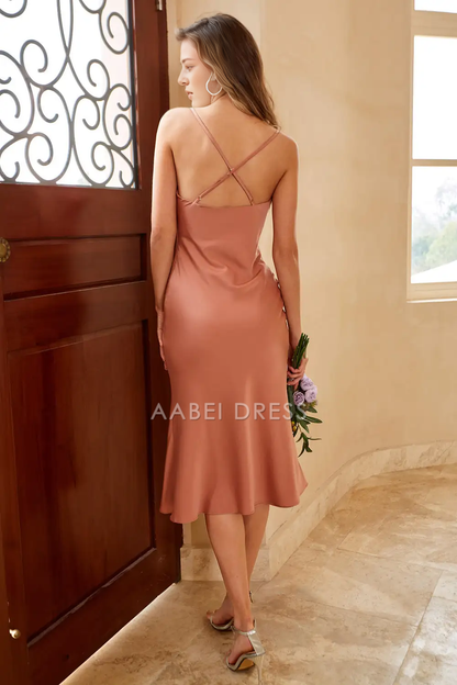 AABEI DRESS Formal Wear Dresses Sheath Spaghetti Strap Low-Cut Backless Tea-Length Simple Hot Sale Prom Dress