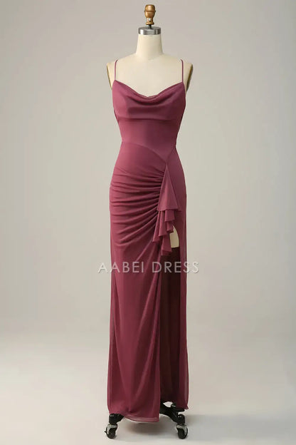 AABEI DRESS Formal Wear Dresses Sheath Spaghetti Straps Ruched Backless Cross Back Side Fork Fashion Hot Sale Prom Dress
